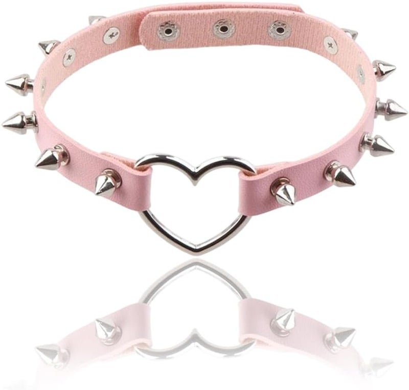 CALFOVERA Gothic Studded Rivets Choker Collar Punk Rock Alloy Hollow Love Heart Necklace Cosplay PU Leather Spiked Choker Jewelry Collar Chain Necklace Decorations for Women Party Cosplay Decorations (Pink) - Image 5